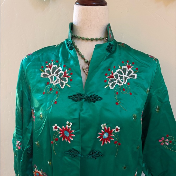 Stunning Emerald Green Vintage Plum Blossoms embroidered silk Jacket 34 - Picture 3 of 7